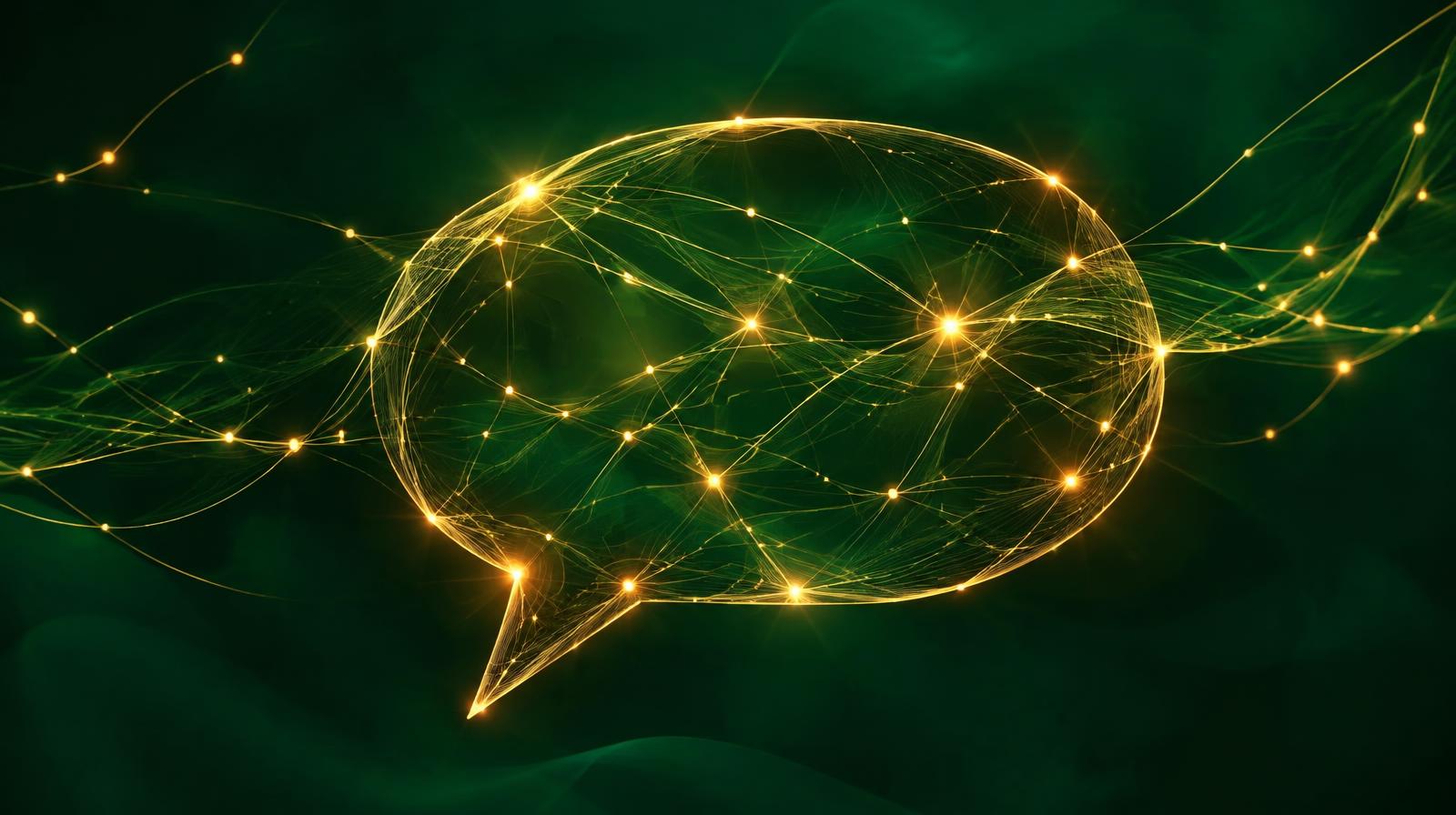Glowing gold network lines forming a chat bubble on a deep green background