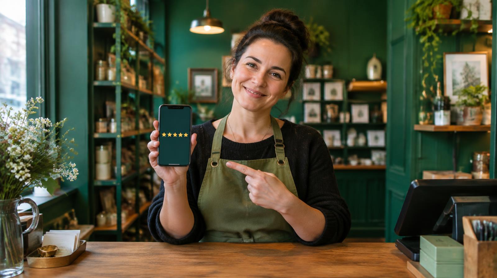 Shop owner at a green storefront counter holding a phone with five gold stars