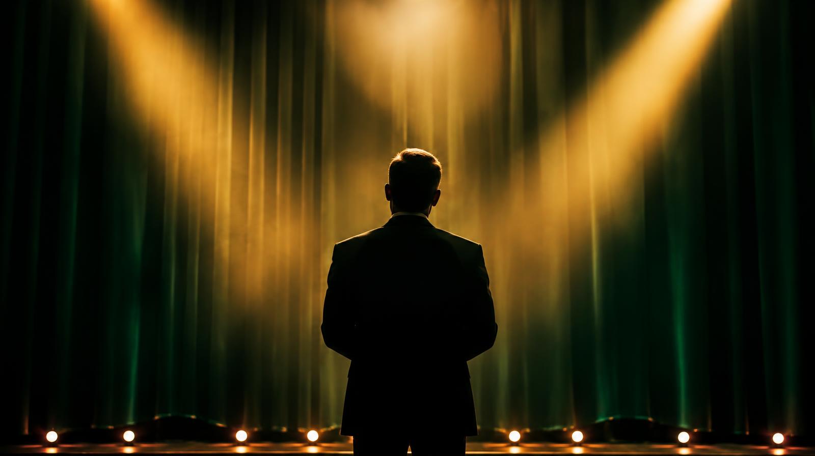 Silhouette of a figure on stage under gold spotlights with a green curtain