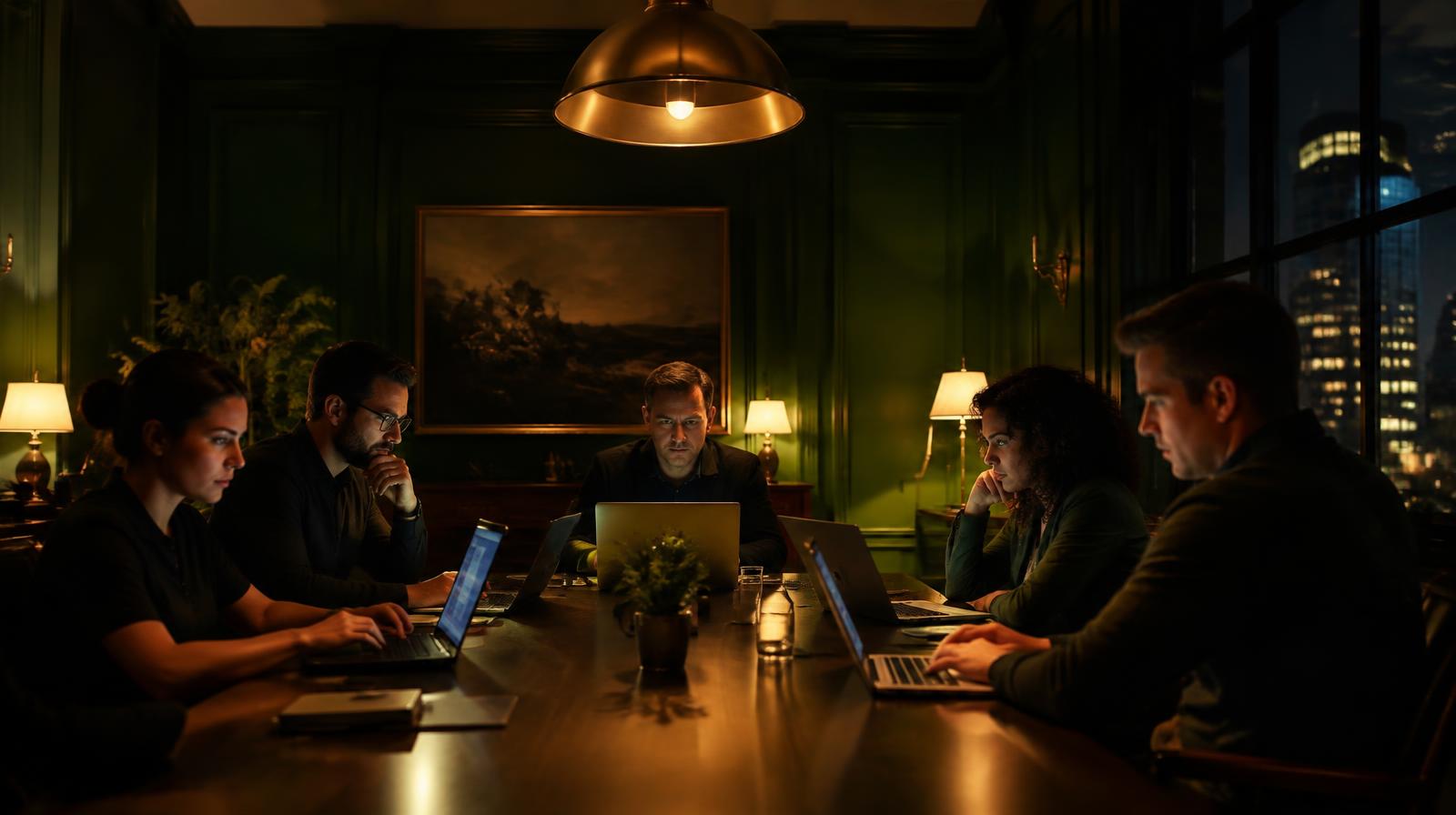 Team working late around a table under brass lamps in a dark green room