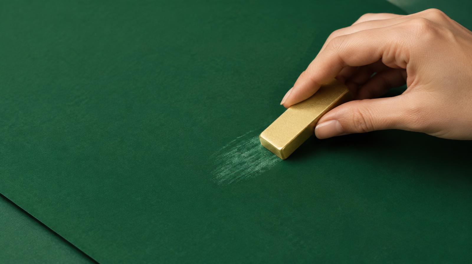 Hand using a gold eraser on green paper, symbolizing removing negative content