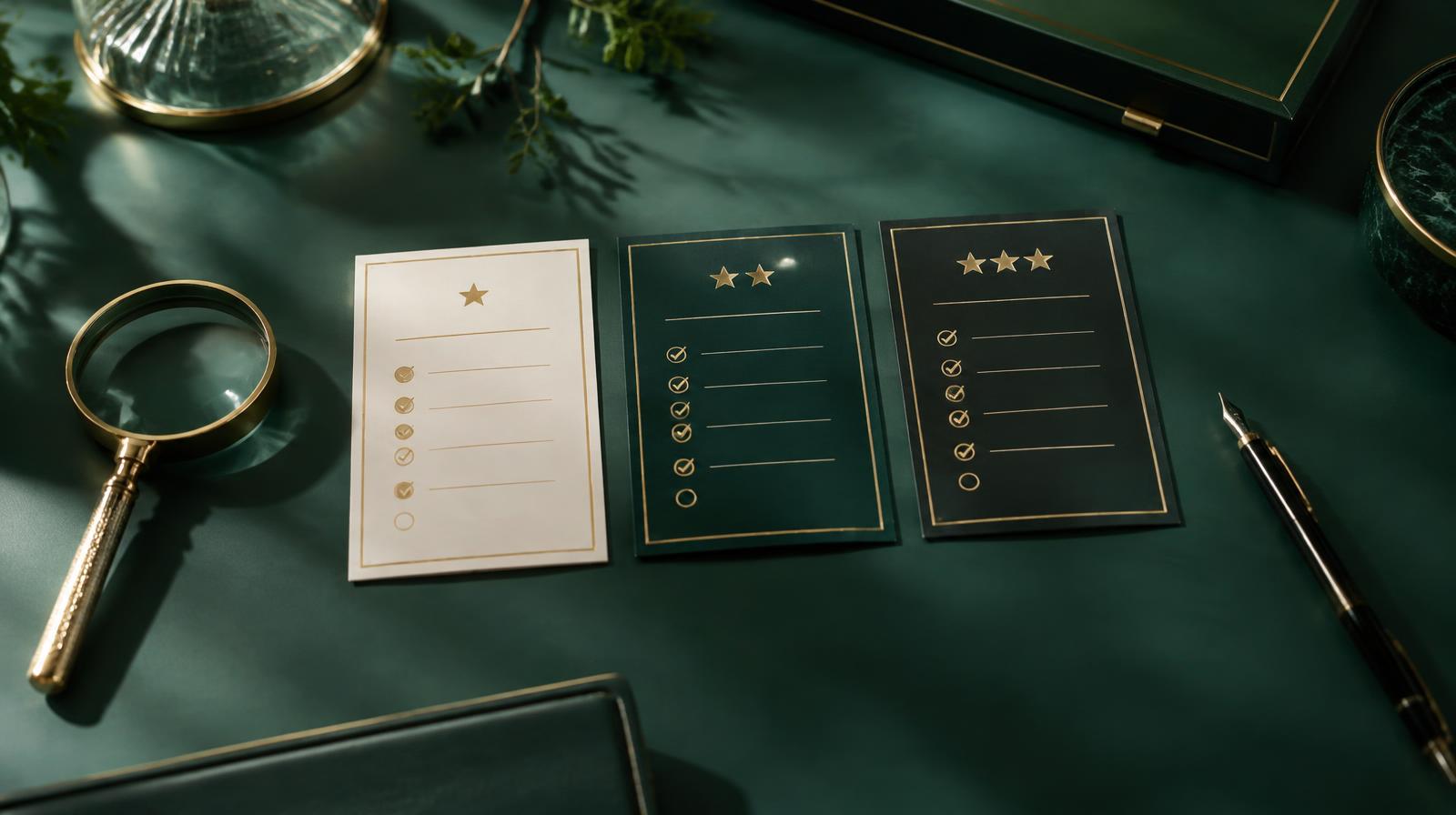 Three service tier cards on an emerald desk with a gold magnifying glass, representing reputation management services compared